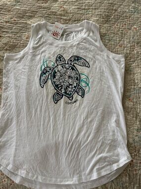Cozumel White Sleeveless Tank with Teal & Black Sea Turtle Color Chang Graphic